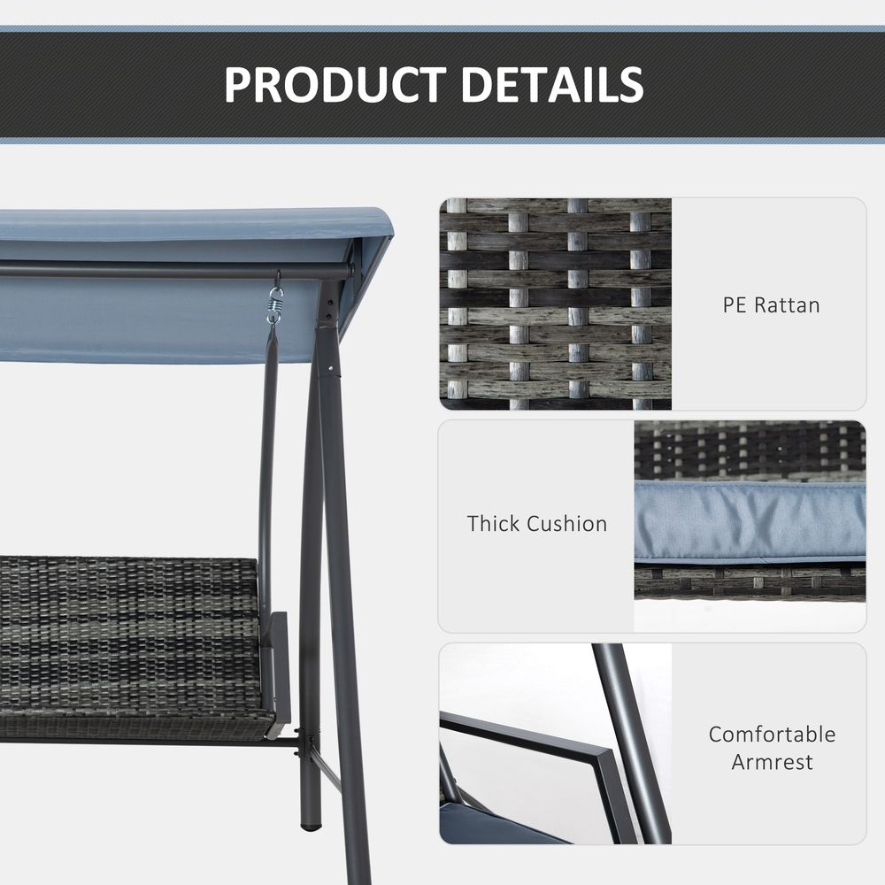 2 - 3 Seater Garden Rattan Swing Chair Canopy Removable Cushion Mixed Grey - SILVIONIX