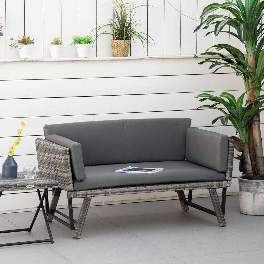 2 in 1 Rattan Folding Daybed Sofa Grey w/Cushion - SILVIONIX