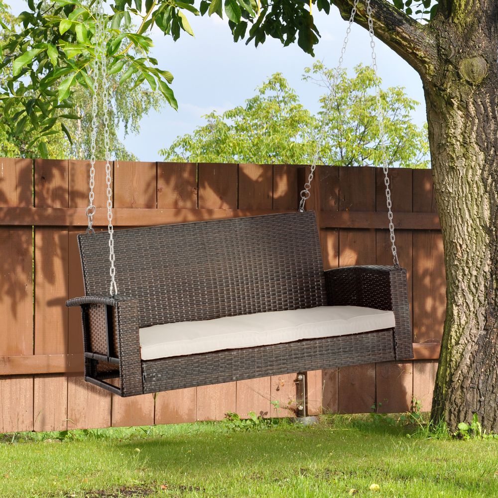 2 - Person Rattan Porch Swing Bench, Outdoor Chair Cushions, Cream White - SILVIONIX