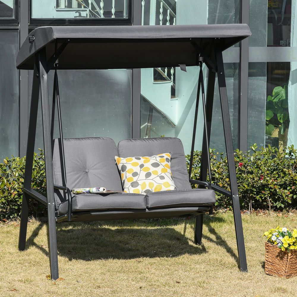 2 Seater Covered Swing Chair Lounger Hammock Bench with Cushion Tilt Canopy - SILVIONIX