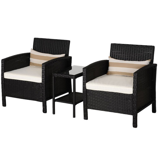 2 - Seater PE Rattan Side Table & Armchair Bistro Set w/ Pillows Black - SILVIONIX