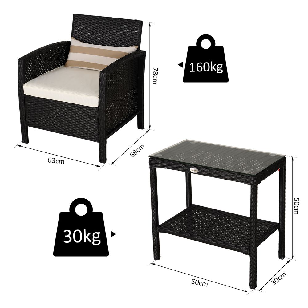 2 - Seater PE Rattan Side Table & Armchair Bistro Set w/ Pillows Black - SILVIONIX