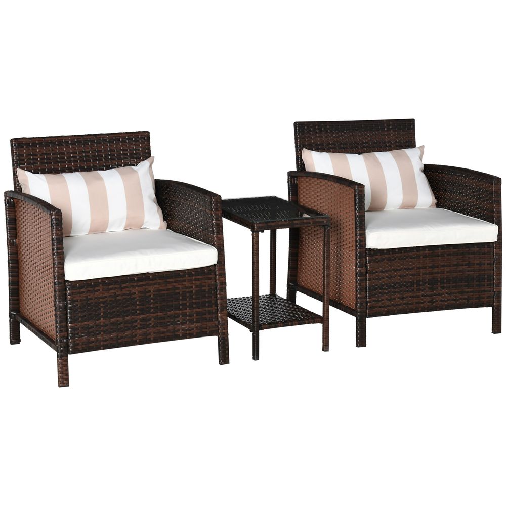 2 Seater Rattan Furniture Patio Bistro Set Cushion Pillow - Brown - SILVIONIX