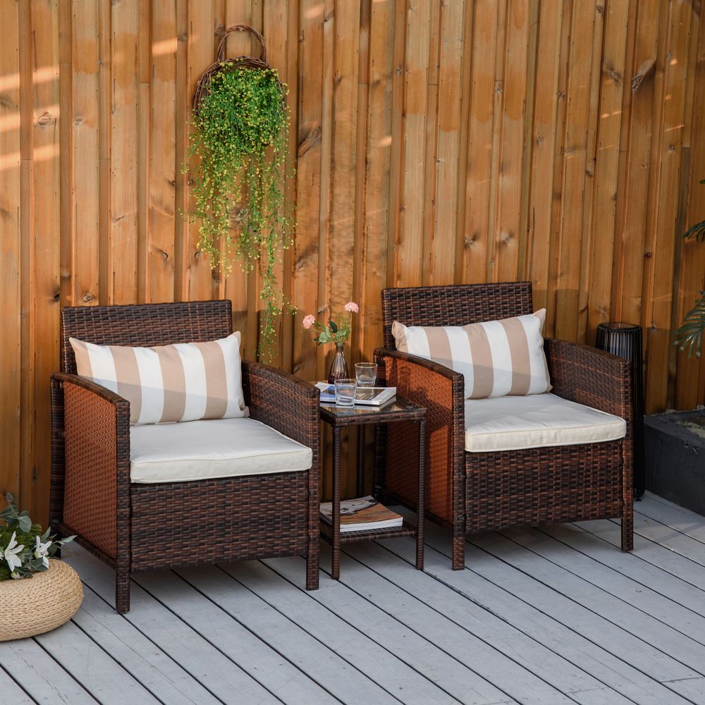 2 Seater Rattan Furniture Patio Bistro Set Cushion Pillow - Brown - SILVIONIX