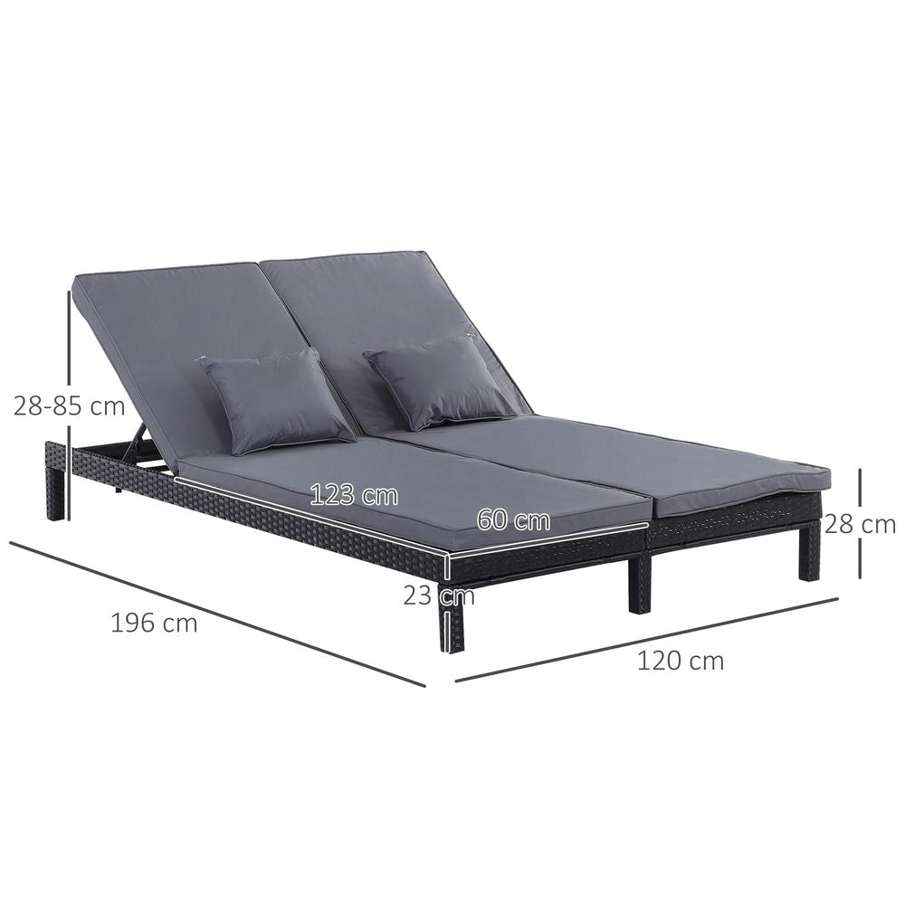 2 Seater Rattan Lounger Adjustable Cushions Black - SILVIONIX
