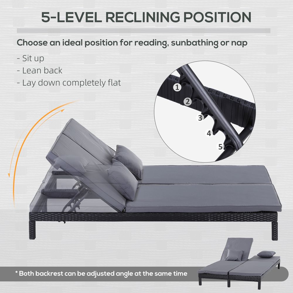 2 Seater Rattan Lounger Adjustable Cushions Black - SILVIONIX