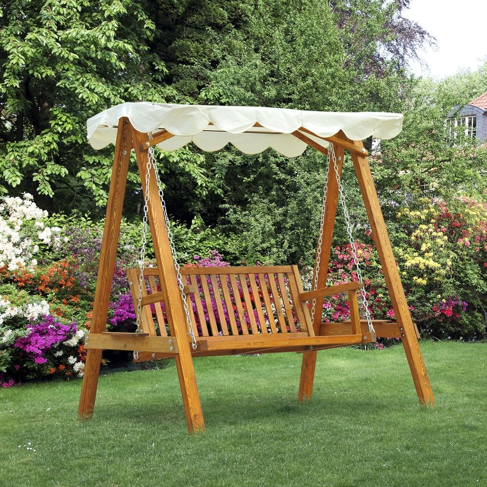 2 - Seater Wood Garden Chair Swing Bench Lounger - Cream - SILVIONIX