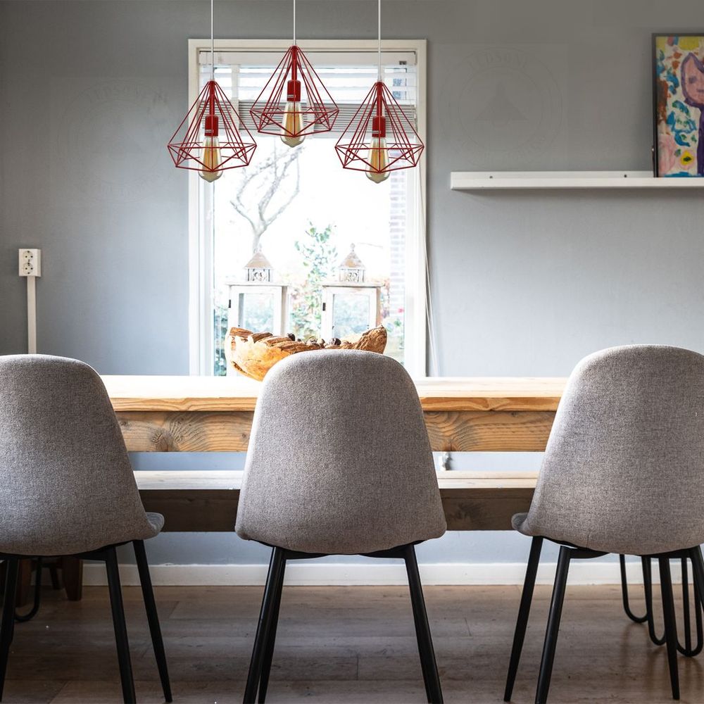 3 Head Red Rectangle Base Vintage Industrial E27 Ceiling Hanging Light Cage Shade Loft Style Metal Ceiling Pendant Lamp - SILVIONIX