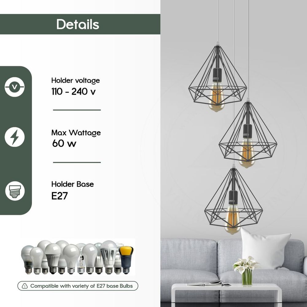 3 Head Round Base Vintage Industrial E27 Ceiling Hanging Light Cage Shade Loft Style Metal Ceiling Pendant Lamp - SILVIONIX