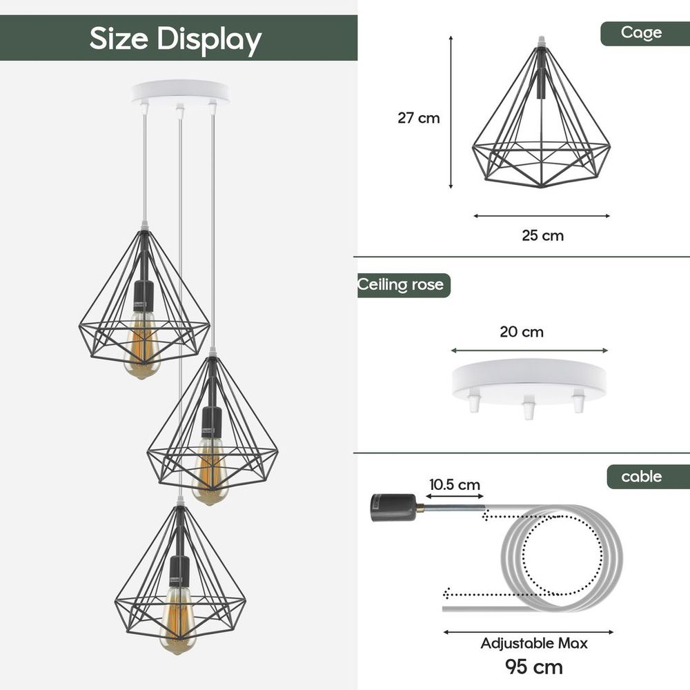 3 Head Round Base Vintage Industrial E27 Ceiling Hanging Light Cage Shade Loft Style Metal Ceiling Pendant Lamp - SILVIONIX