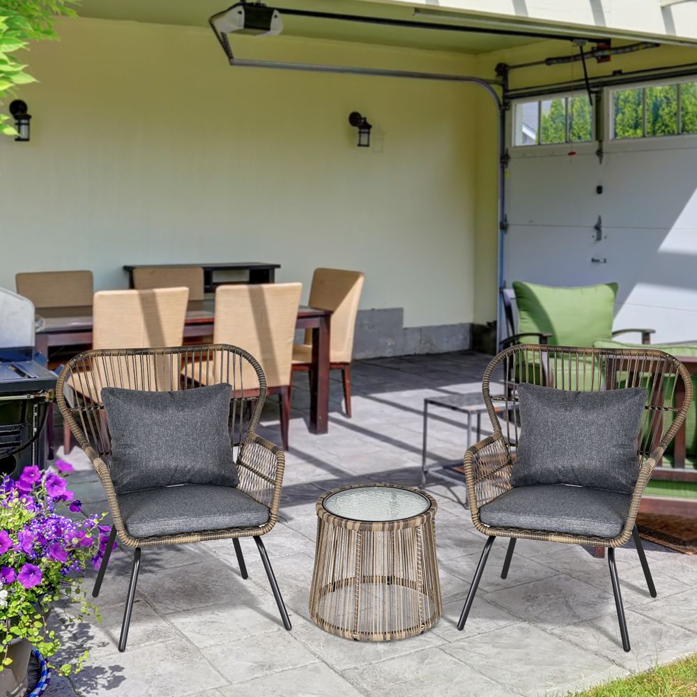 3 PCS Webbed PE Rattan Outdoor Patio Set w/ Cushions Steel Frame Grey Outsunny - SILVIONIX