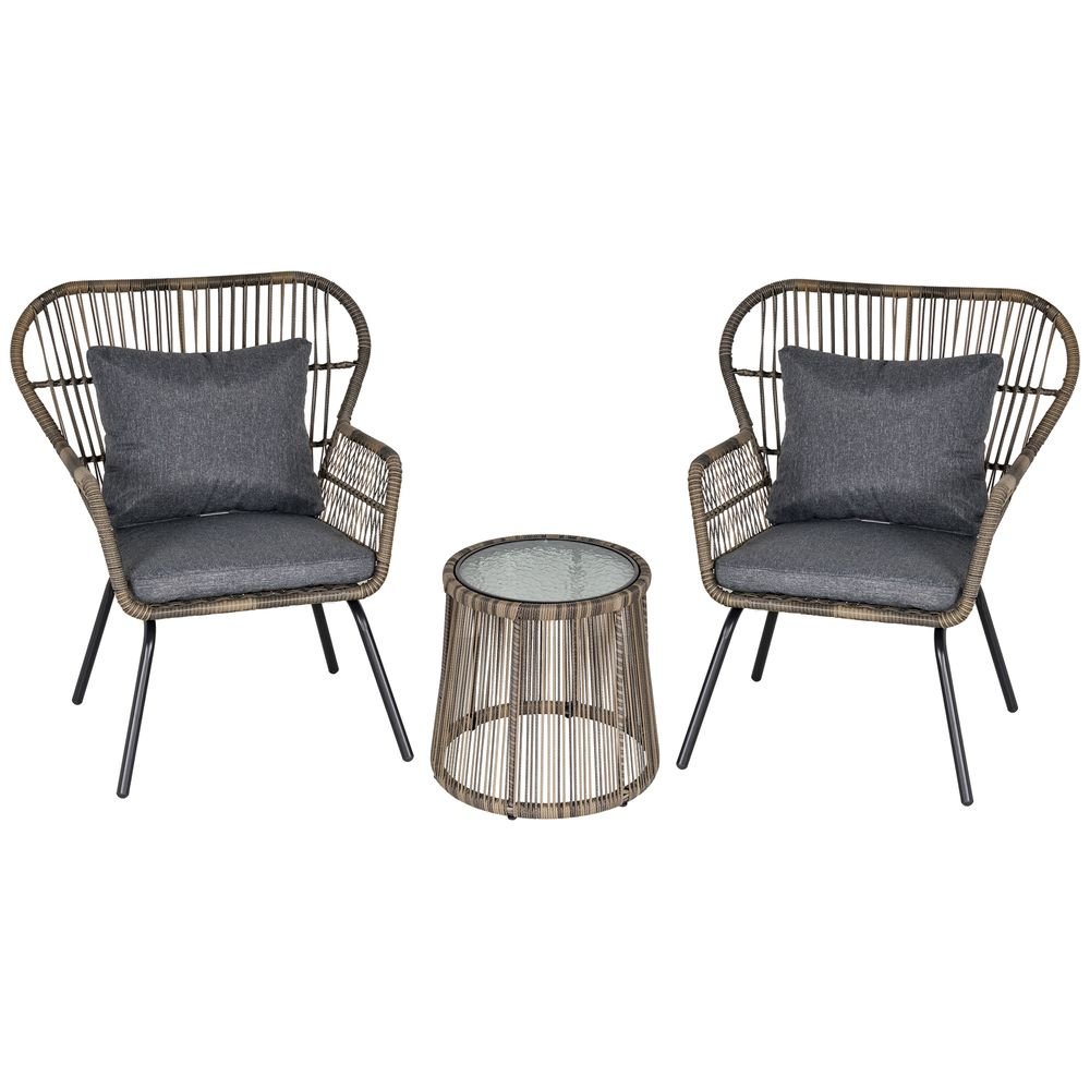 3 PCS Webbed PE Rattan Outdoor Patio Set w/ Cushions Steel Frame Grey Outsunny - SILVIONIX
