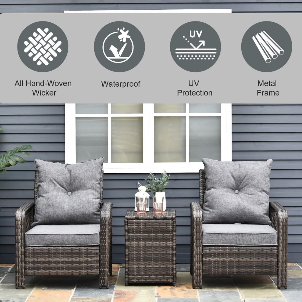 3 Piece PE Rattan Garden Sofa Set w/ 2 Chairs & Storage Table Grey Outsunny - SILVIONIX