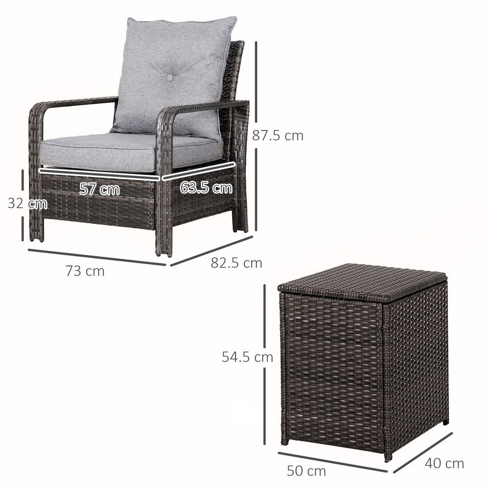 3 Piece PE Rattan Garden Sofa Set w/ 2 Chairs & Storage Table Grey Outsunny - SILVIONIX