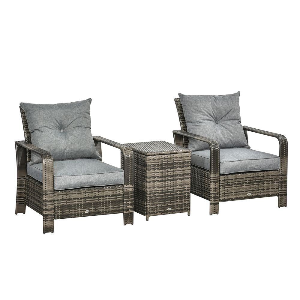 3 Piece PE Rattan Garden Sofa Set w/ 2 Chairs & Storage Table Grey Outsunny - SILVIONIX