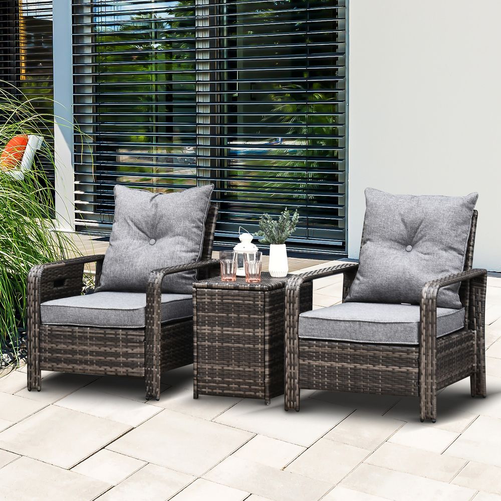3 Piece PE Rattan Garden Sofa Set w/ 2 Chairs & Storage Table Grey Outsunny - SILVIONIX