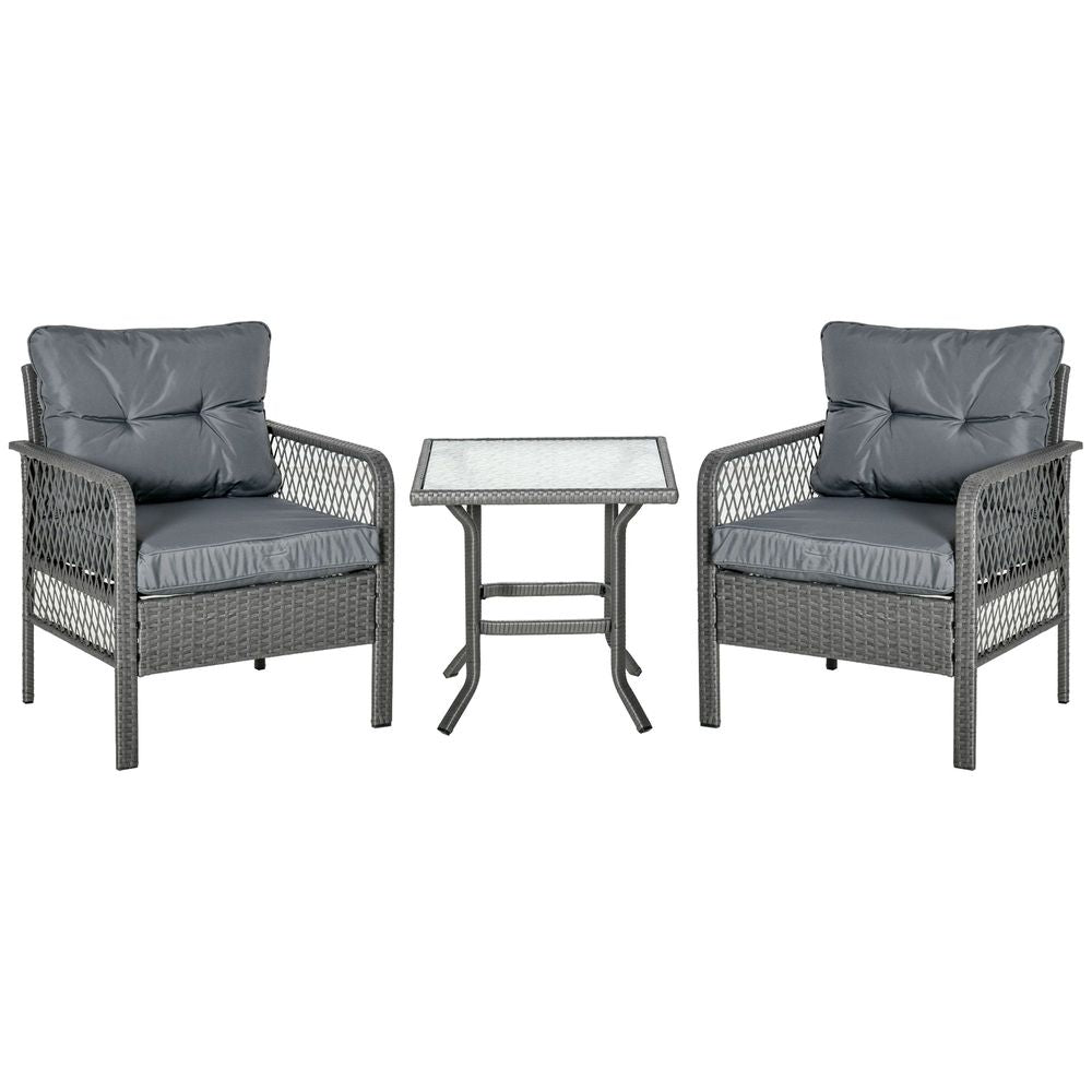 3 Pieces Patio PE Rattan Bistro Set w/ Armchairs Tempered Glass Table Outsunny - SILVIONIX