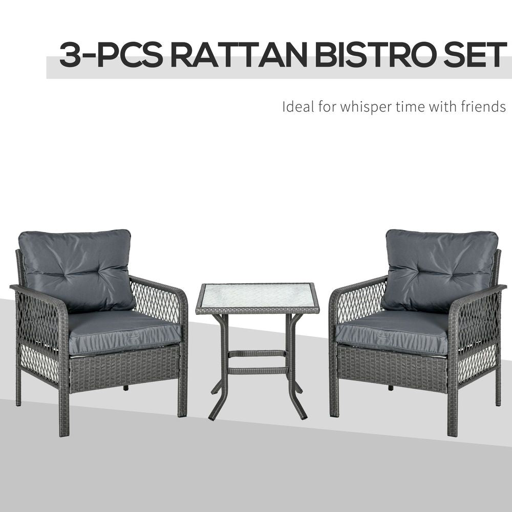 3 Pieces Patio PE Rattan Bistro Set w/ Armchairs Tempered Glass Table Outsunny - SILVIONIX