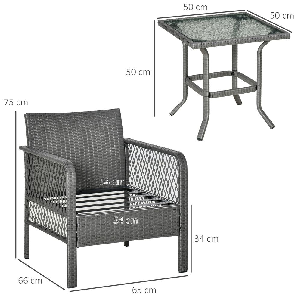 3 Pieces Patio PE Rattan Bistro Set w/ Armchairs Tempered Glass Table Outsunny - SILVIONIX