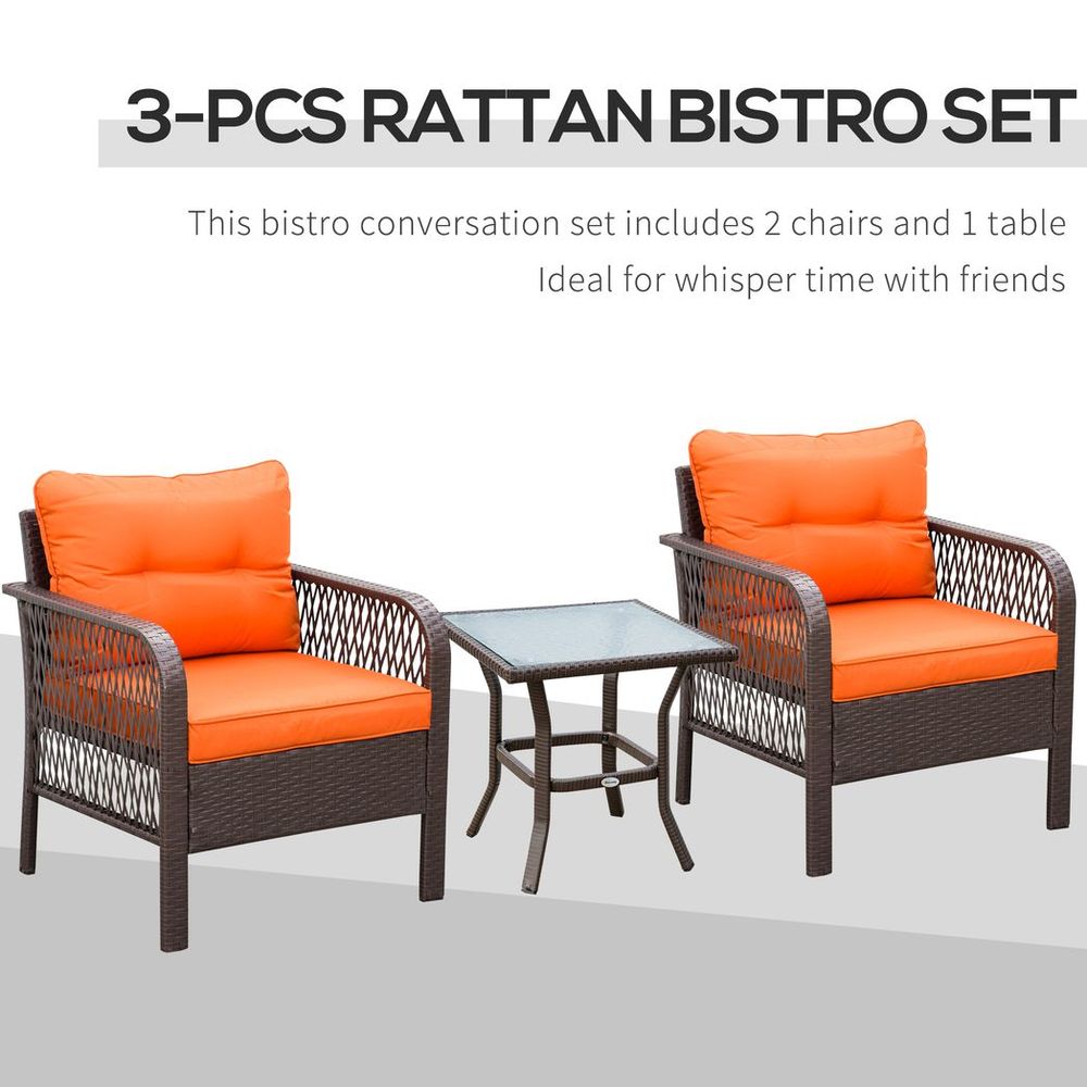 3 Pieces Patio Rattan Bistro Set with Tempered Glass Table Orange - SILVIONIX