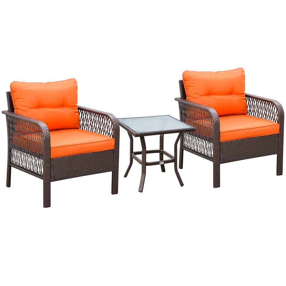 3 Pieces Patio Rattan Bistro Set with Tempered Glass Table Orange - SILVIONIX