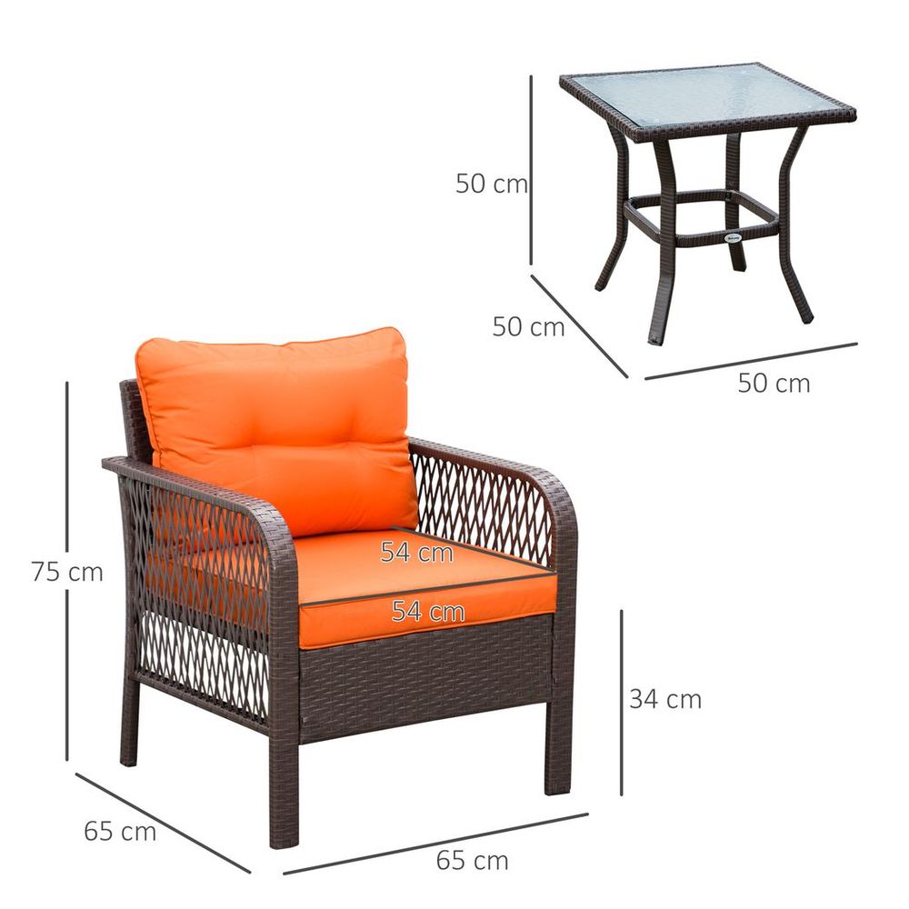 3 Pieces Patio Rattan Bistro Set with Tempered Glass Table Orange - SILVIONIX