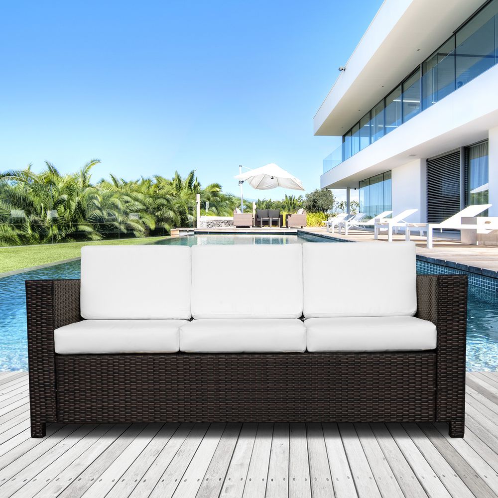 3 Seater Rattan Sofa Brown Wicker Weave Metal Frame Chair Outdoor Furniture - SILVIONIX