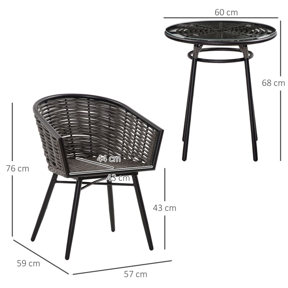 3Pc Rattan Bistro Set, Patio , w/ 2 Chairs & 1 Coffee Table , Grey - SILVIONIX