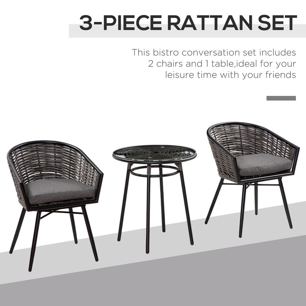 3Pc Rattan Bistro Set, Patio , w/ 2 Chairs & 1 Coffee Table , Grey - SILVIONIX