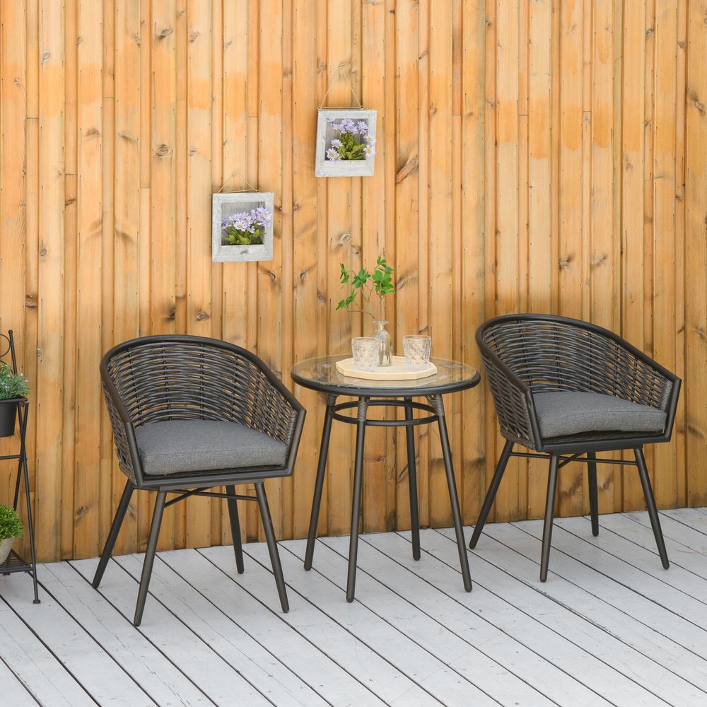 3Pc Rattan Bistro Set, Patio , w/ 2 Chairs & 1 Coffee Table , Grey - SILVIONIX