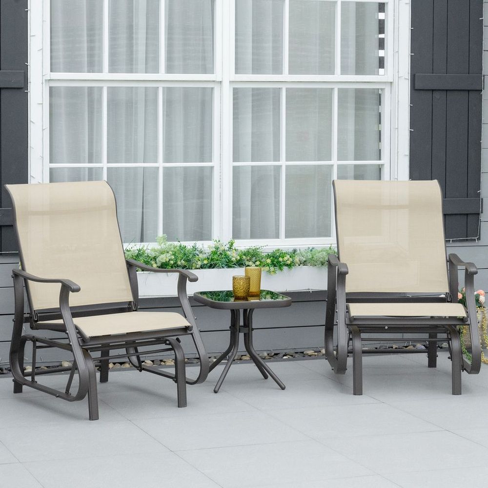 3PCS Outdoor Gliding Chairs w/ Table Set Patio Garden Furniture Khaki - SILVIONIX