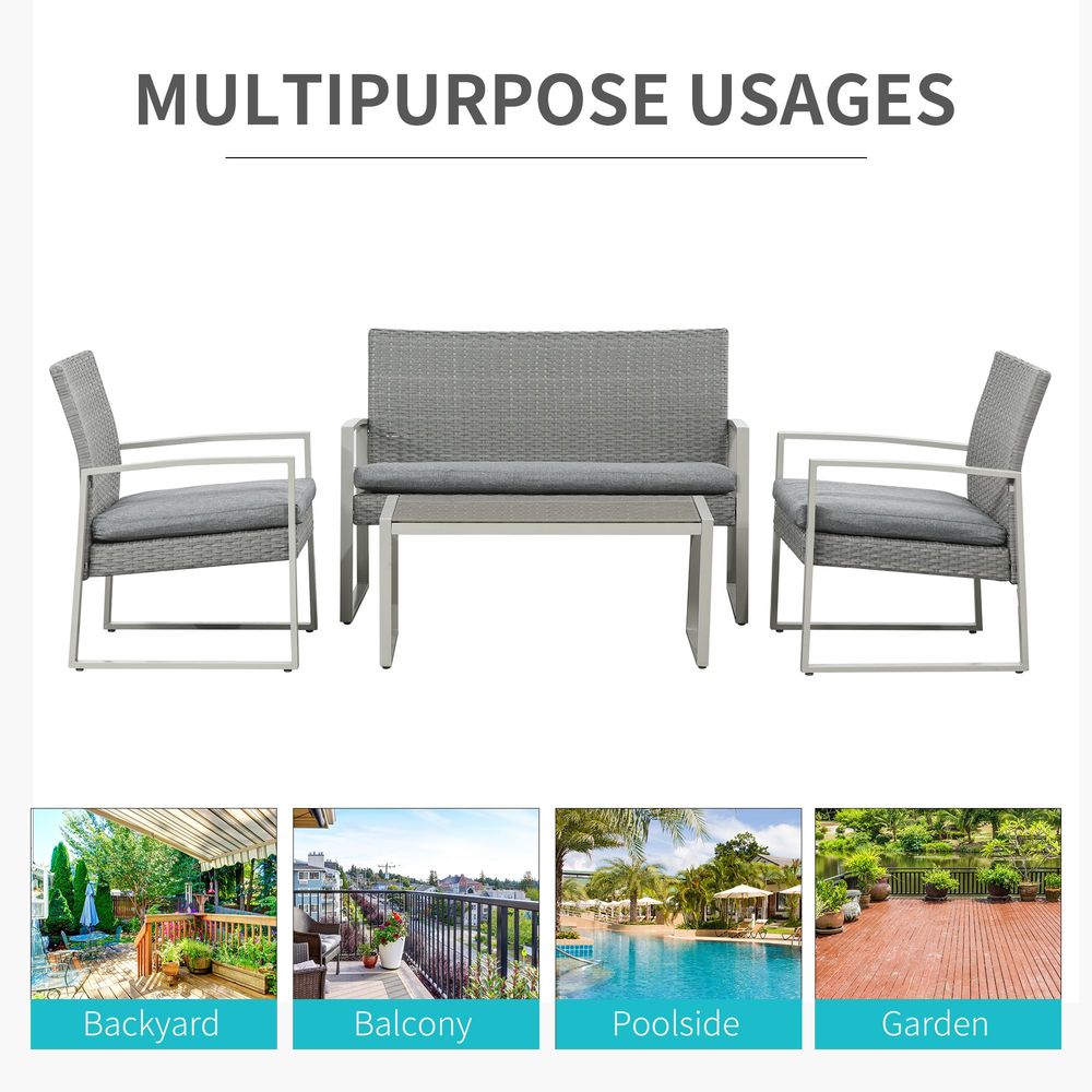 4 PCs PE Rattan Wicker Sofa Set Furniture Lawn Coffee Table & Cushion - Grey - SILVIONIX