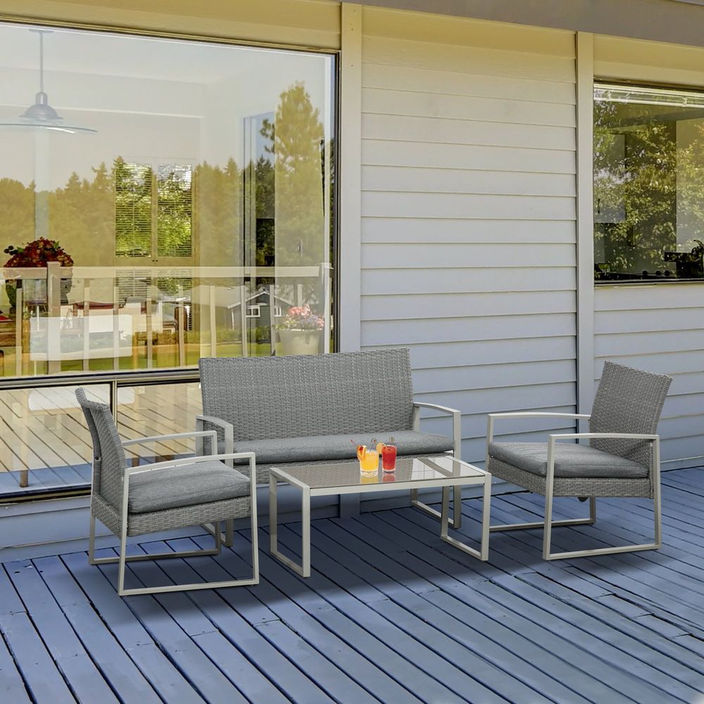 4 PCs PE Rattan Wicker Sofa Set Furniture Lawn Coffee Table & Cushion - Grey - SILVIONIX