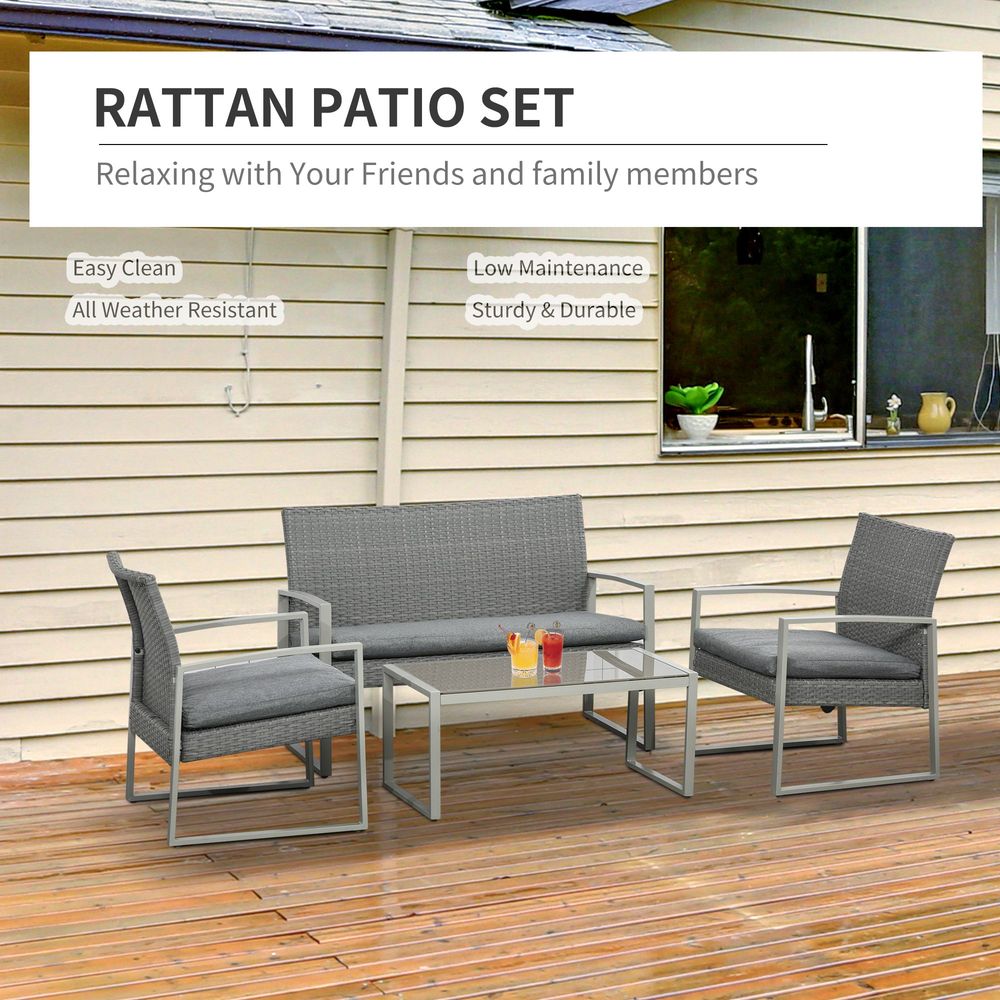 4 PCs PE Rattan Wicker Sofa Set Furniture Lawn Coffee Table & Cushion - Grey - SILVIONIX