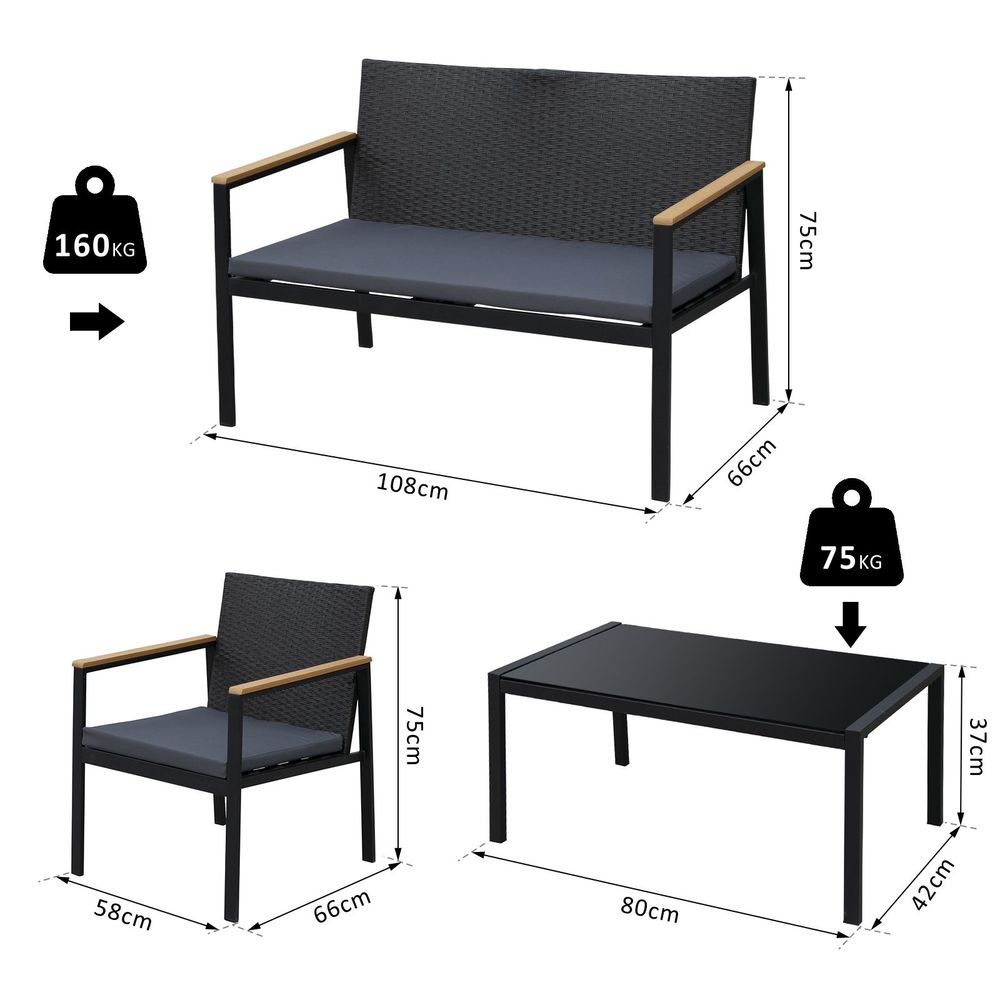 4 - Seater Outdoor PE Rattan Table and Chairs Set Black - SILVIONIX