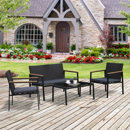 4 - Seater Outdoor PE Rattan Table and Chairs Set Black - SILVIONIX
