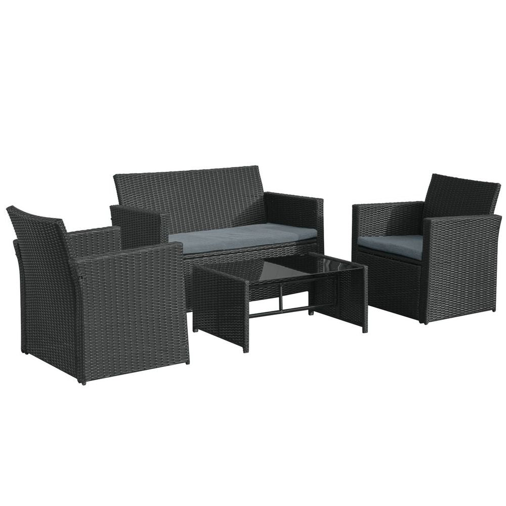 4pc Patio Garden Rattan Wicker Sofa 2 - Seater Loveseat Chair Table Black - SILVIONIX