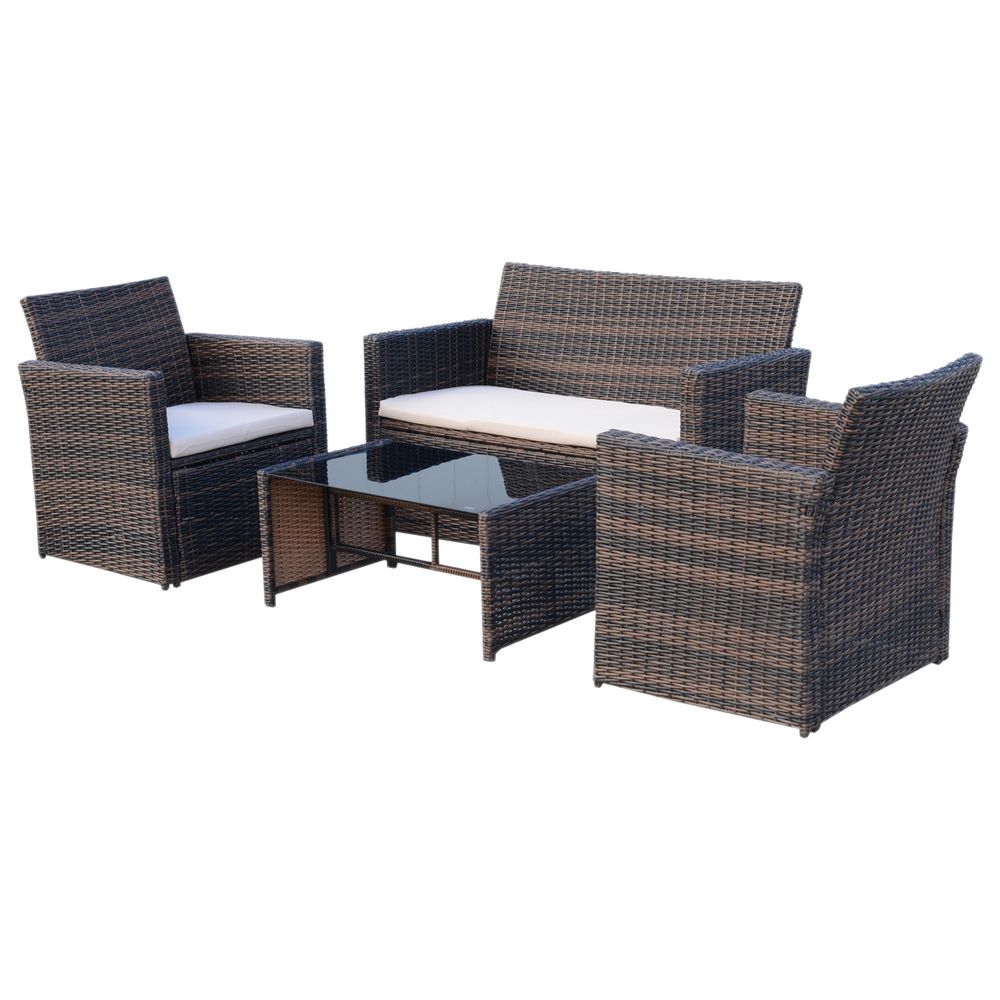 4pc Patio Garden Rattan Wicker Sofa 2 - Seater Loveseat Chair Table Brown - SILVIONIX