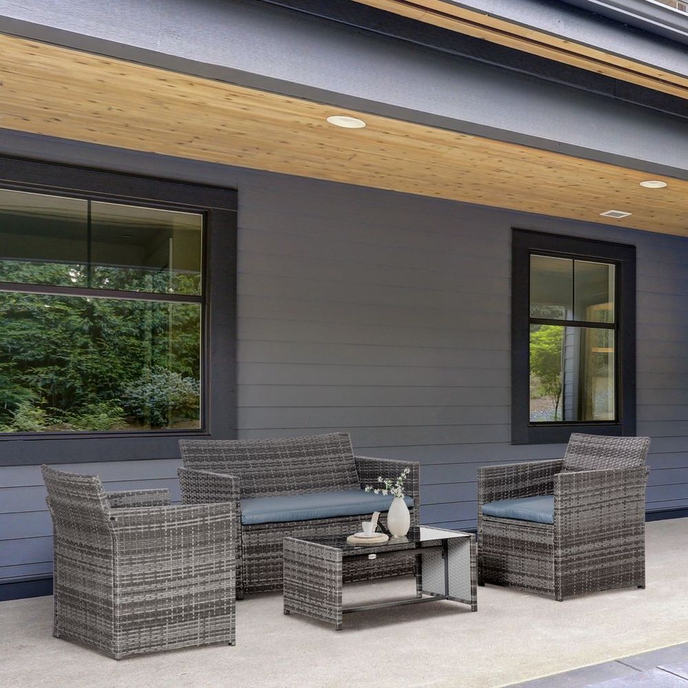 4pc Patio Garden Rattan Wicker Sofa 2 - Seater Loveseat Chair Table Grey - SILVIONIX