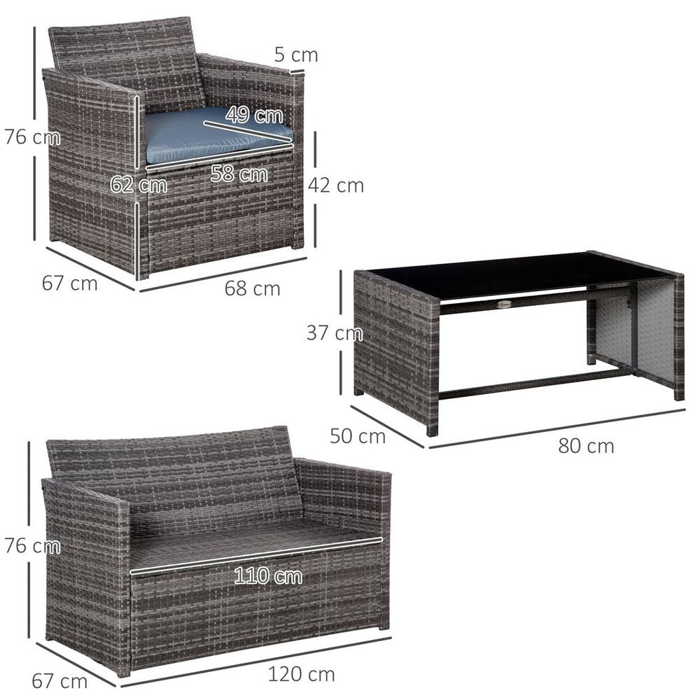 4pc Patio Garden Rattan Wicker Sofa 2 - Seater Loveseat Chair Table Grey - SILVIONIX