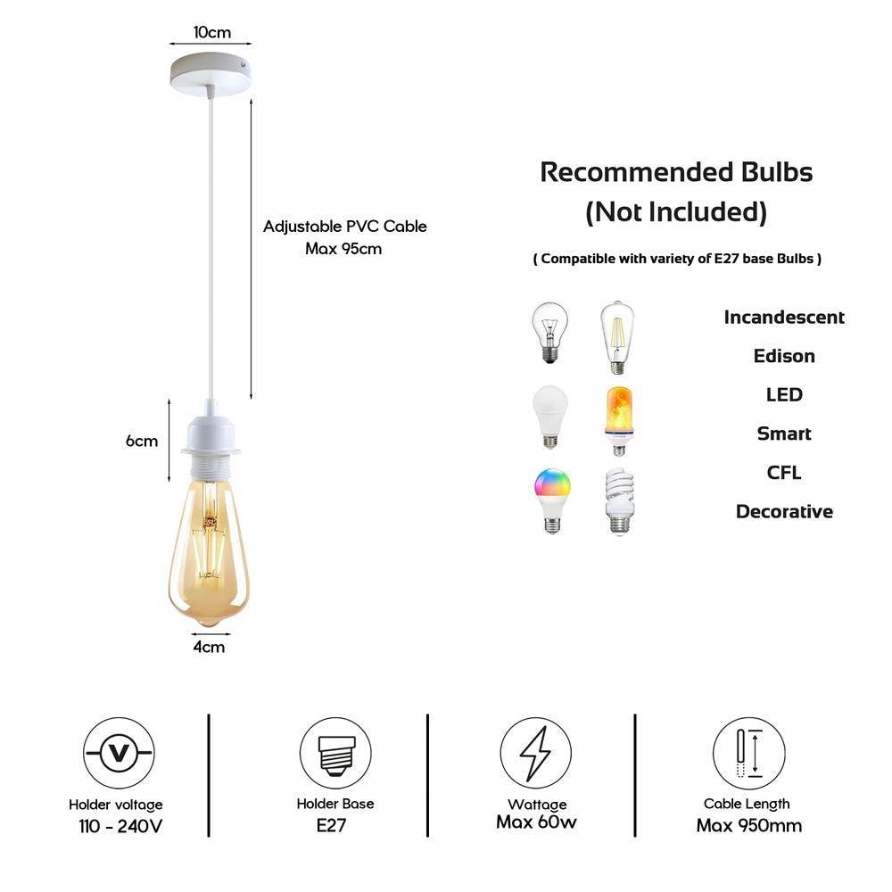 5 Pack Vintage Industrial Style White Ceiling Pendant Lamp E27 Base Metal Screw Lamp Holder - SILVIONIX