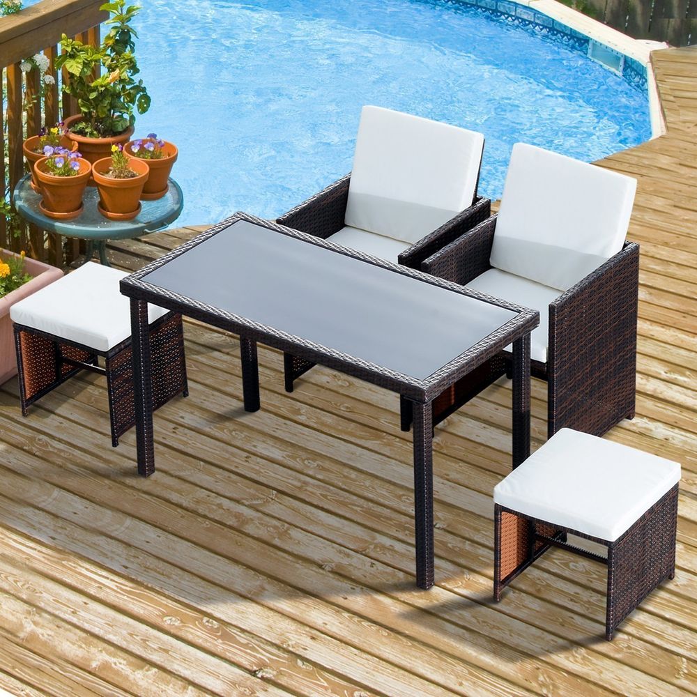 5 PCs Rattan Garden Furniture Wicker Weave Sofa Set Dining Table Chair Footrest - SILVIONIX