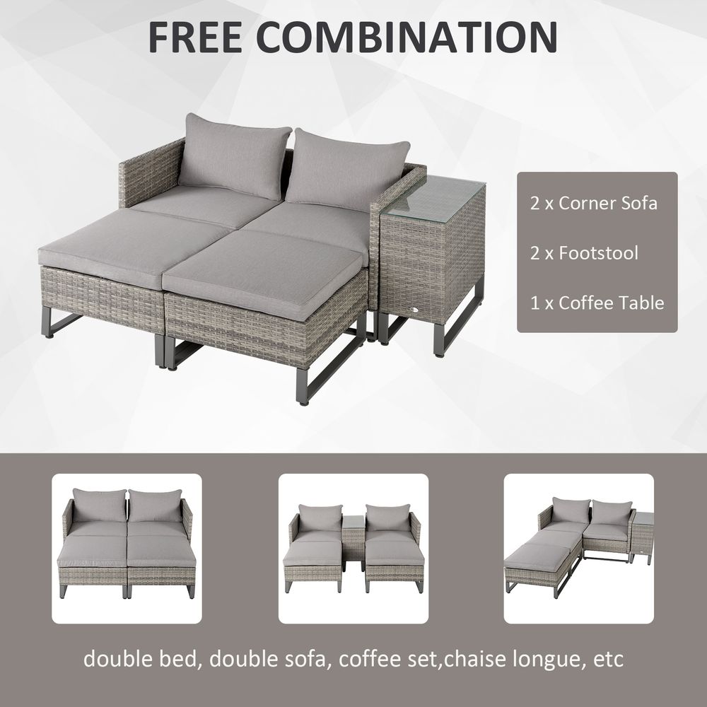 5pcs Rattan Sofa Set Lounge Double Sofa Bed & Coffee Table & Footstool Grey - SILVIONIX