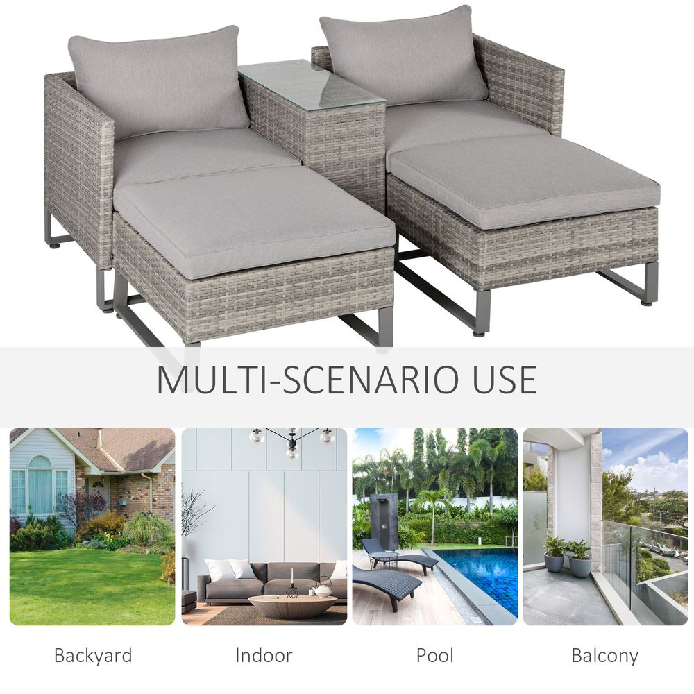 5pcs Rattan Sofa Set Lounge Double Sofa Bed & Coffee Table & Footstool Grey - SILVIONIX