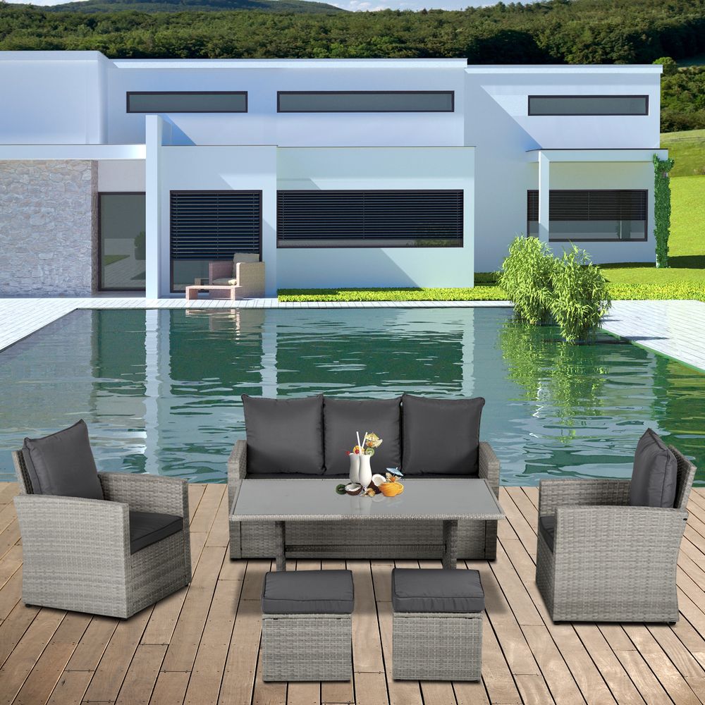 6 PCS Outdoor Rattan Sofa Furniture Sets with Footstool Cushions Grey Outsunny - SILVIONIX