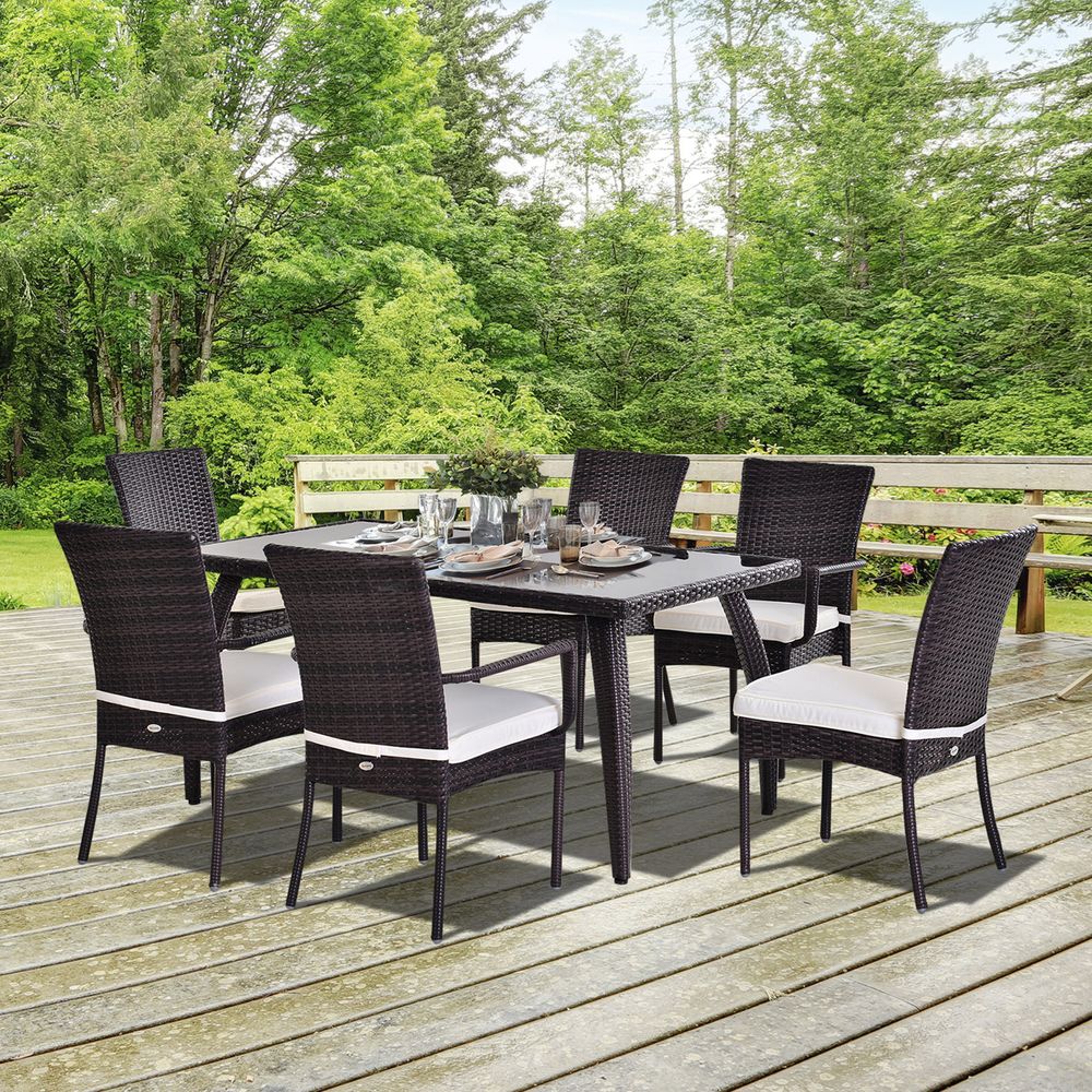 6 - Seater Brown Rattan Garden Furniture Tempered Glass Table - SILVIONIX