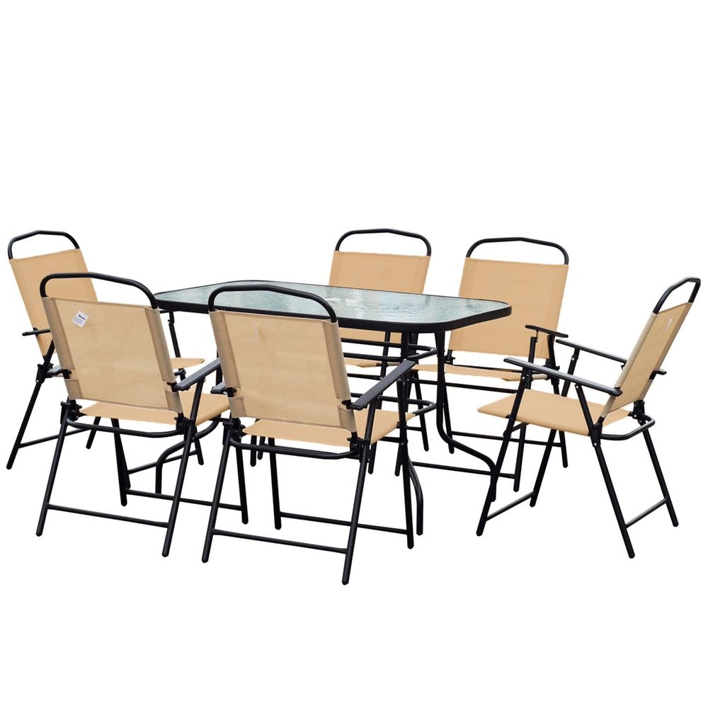 8 Pcs Dining Set W/Umbrella, Textilene - Beige - SILVIONIX