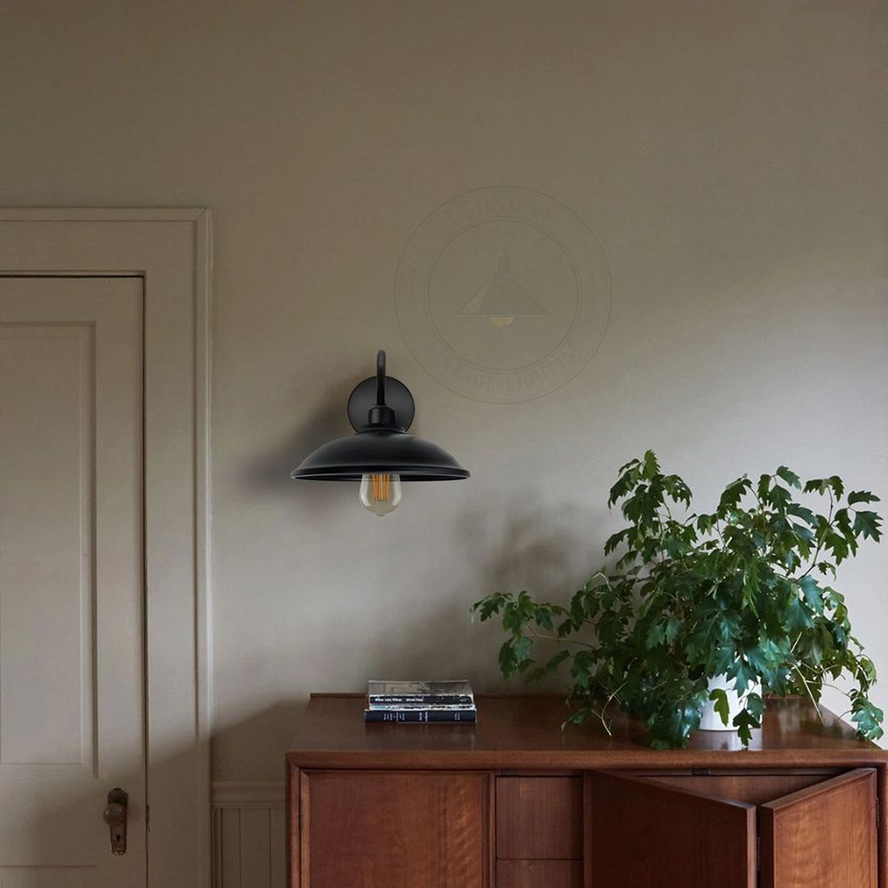 Black Wall Light Fixture, Vintage Black Wall Sconce E27 Base Socket Screw Wall Swan Neck Hemisphere Shape Shade - SILVIONIX