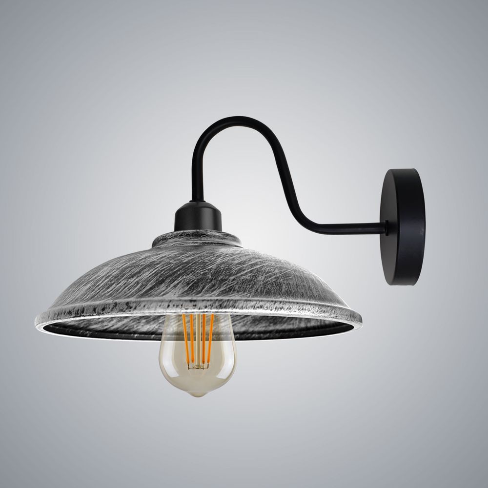 Brushed Silver Wall Light Fixture, Black Wall Sconce E27 Base Socket Screw Wall Mounted Swan Neck Hemisphere Shape Shade - SILVIONIX
