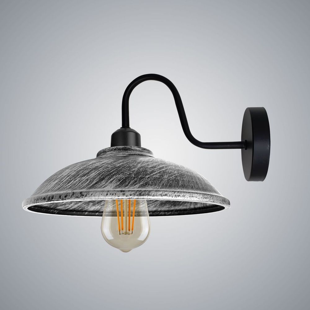 Brushed Silver Wall Light Fixture, Vintage Black Wall Sconce E27 Base Socket Screw Wall Swan Neck Hemisphere Shape Shade - SILVIONIX